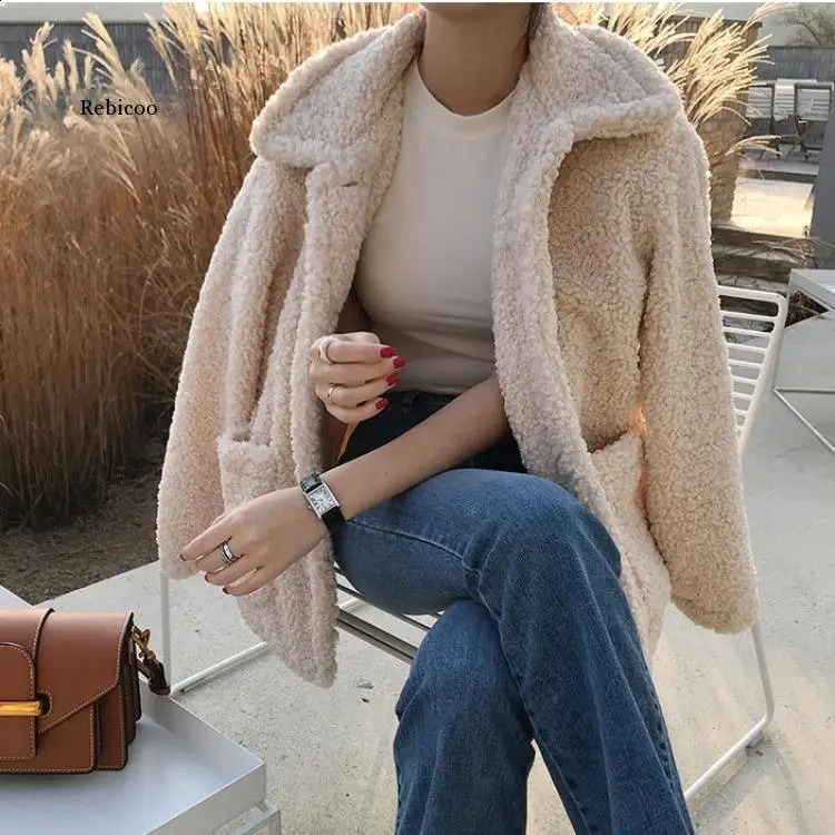 Artificial fur thick coat womens autumn warm soft and loose jacket button plush casual winter 240905