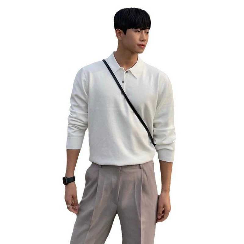 Mens Clothing Light Luxury Knit Polo Shirt Long Sleeve Solid Color Pullover Sweater Korean Retro Popular Leisure Knitwear M-3XLXJ240906