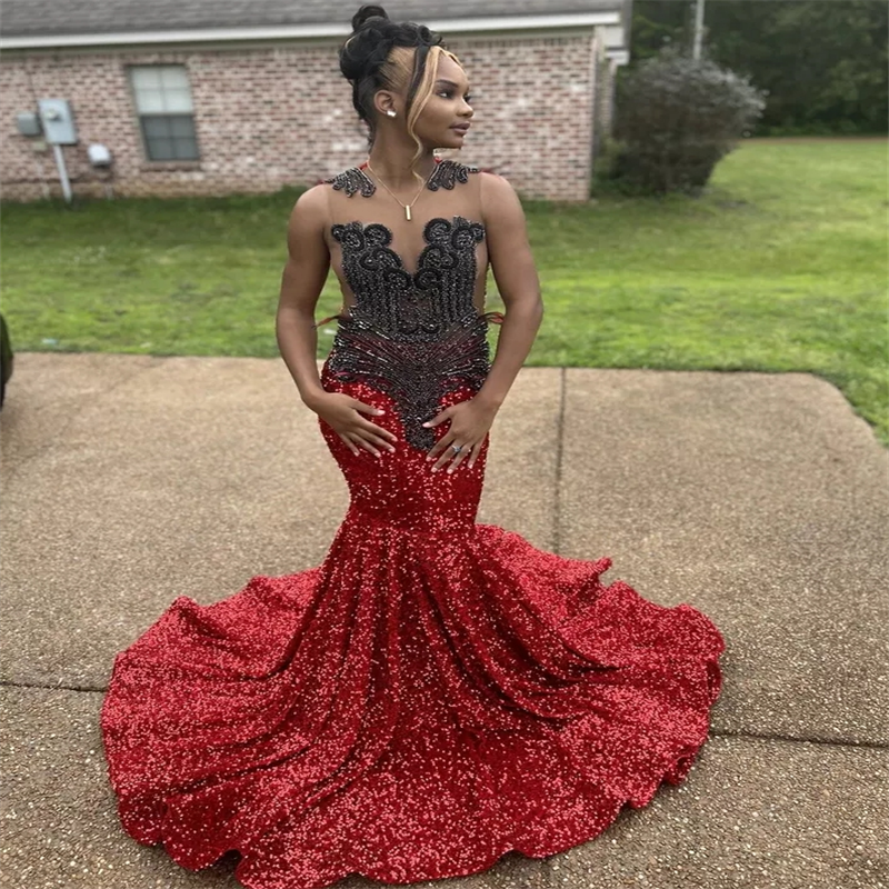 Black And Red Prom Dresses For Black Women Gorgeous Crystal Mermaid Evening Dress 2025 African Sleeveless Sequin Birthday Formal Occasion Party Gown V