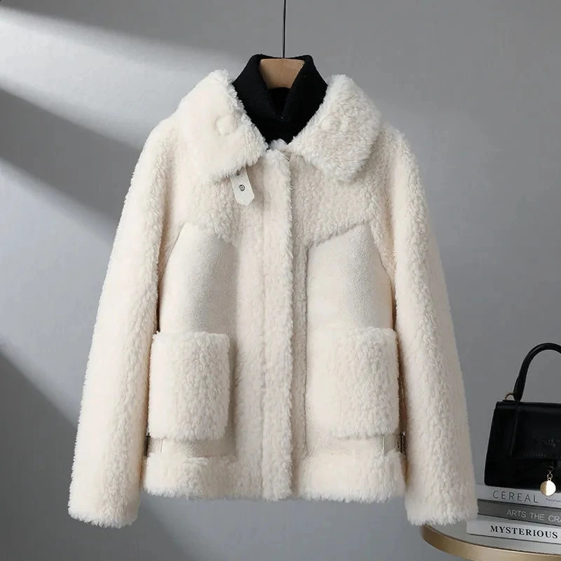 Autumn Winter Cashmere Jacket Womens Fashion Splicing Coat Top Bomber Wool Suede 240905