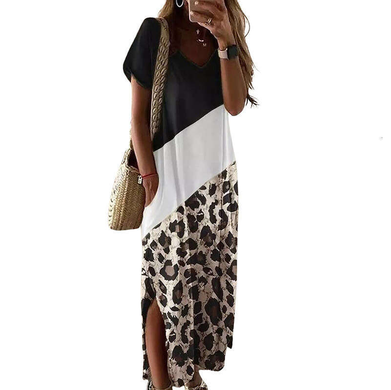 New leopard print side slit T-shirt long women's color matching black and white round neck dress women