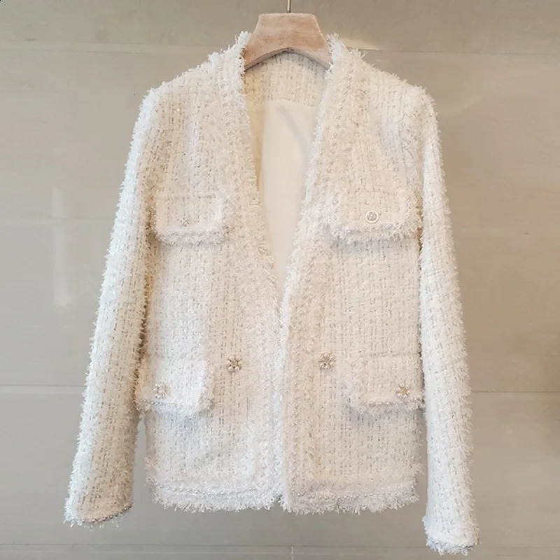 y French Small Fragrance Pink Jacket Women Autumn Fashionable Tassel Brushed Tweed White Coat Female Casaco Feminino K3079 240904