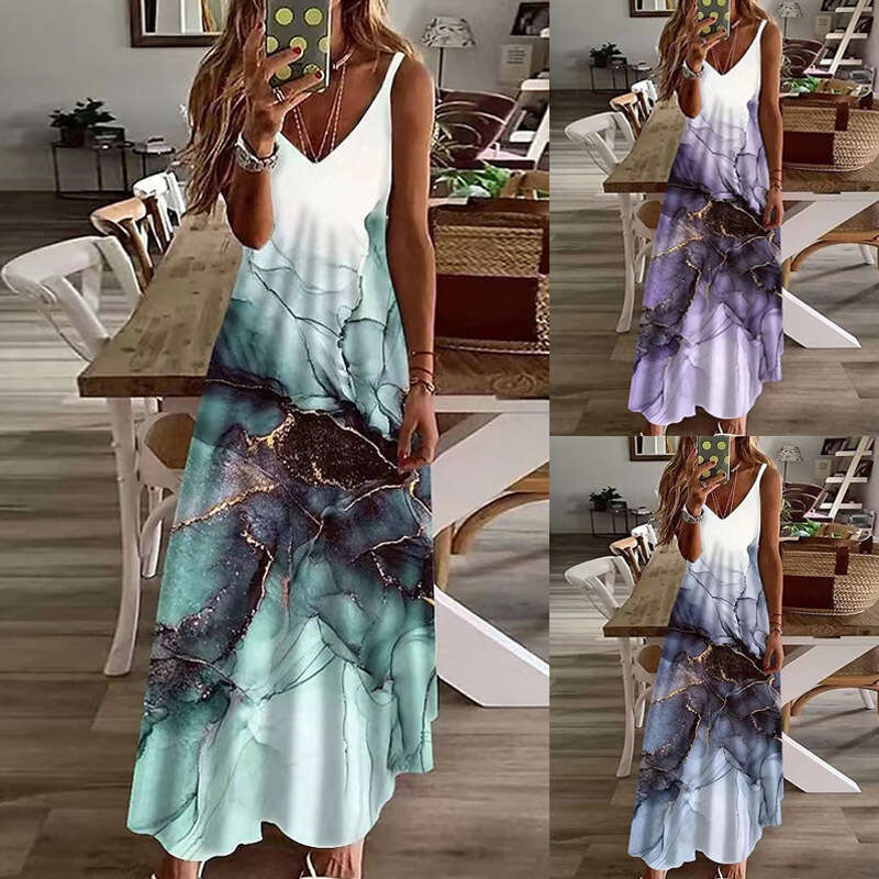 2023 Women's Summer V-neck Sexy A Version Long Loose Print Large Strap Dress