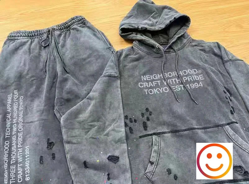 Gray Neighborhood NBHD Hole Damage Track Pants Hoodie Set Japanese Mens Heavy duty Fabric Retro Wash Splash Ink Sportswear 240904