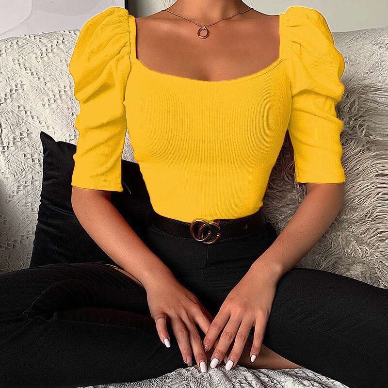 2024 Spring New Collection Simple Square Neck Bubble Top Women's Short Sleeve