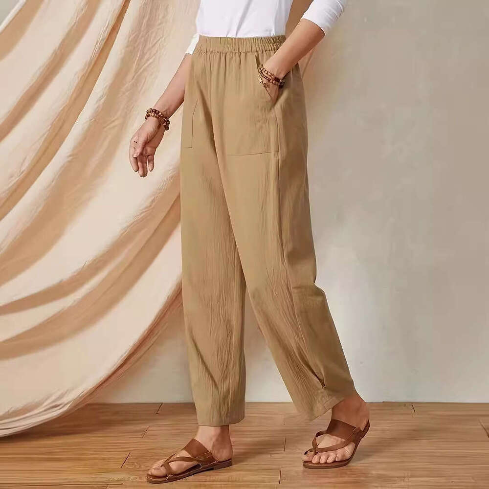 2024 Spring/Summer New Product Solid Color Pocket Elastic Waist Cotton Linen Loose Casual Wide Leg Pants for Women