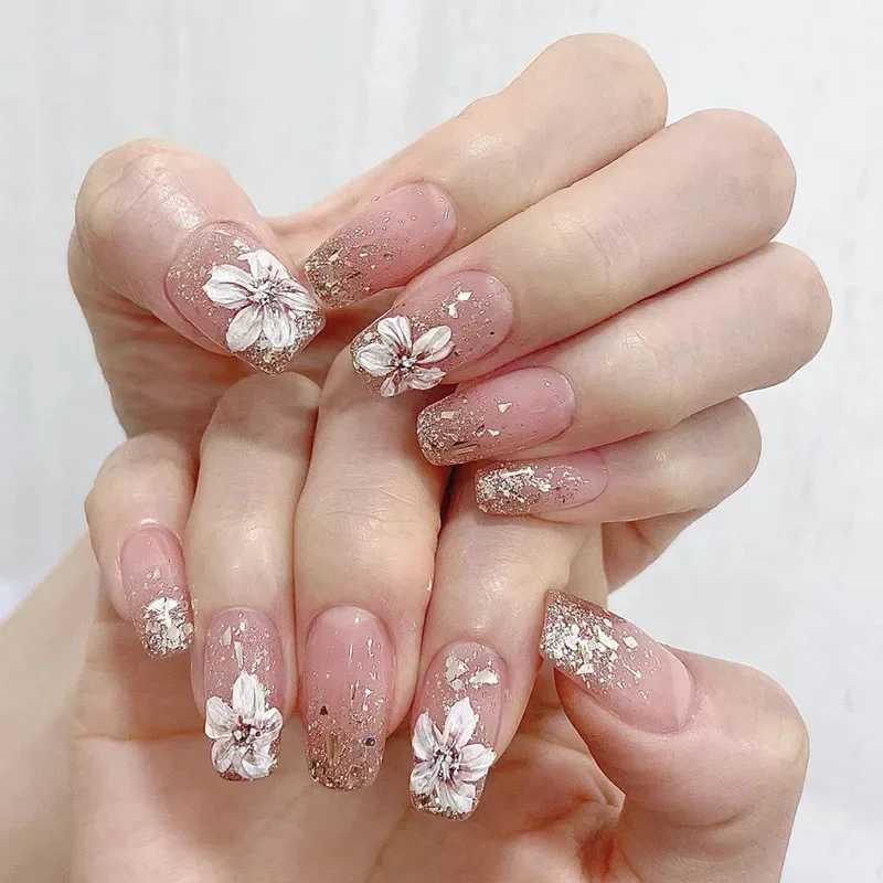 Heallor Vintage Camellia Wearable Pink Pressing Fake Nail Tip with Adhesive Fake Nail Design Butterfly Cute Girl Fake Nail W240905