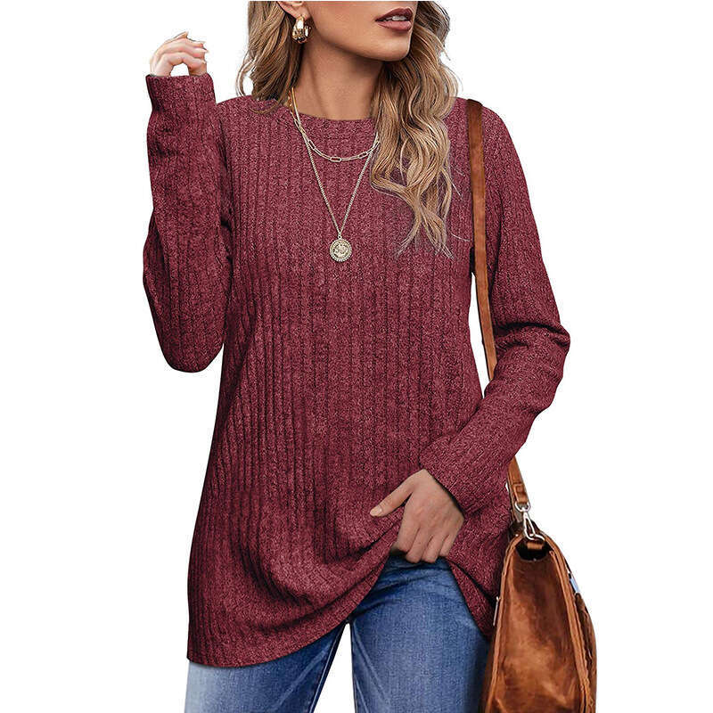 2024 New Autumn/Winter Round Neck Brushed Pit Stripe Solid Color Top Long sleeved T-shirt for Women