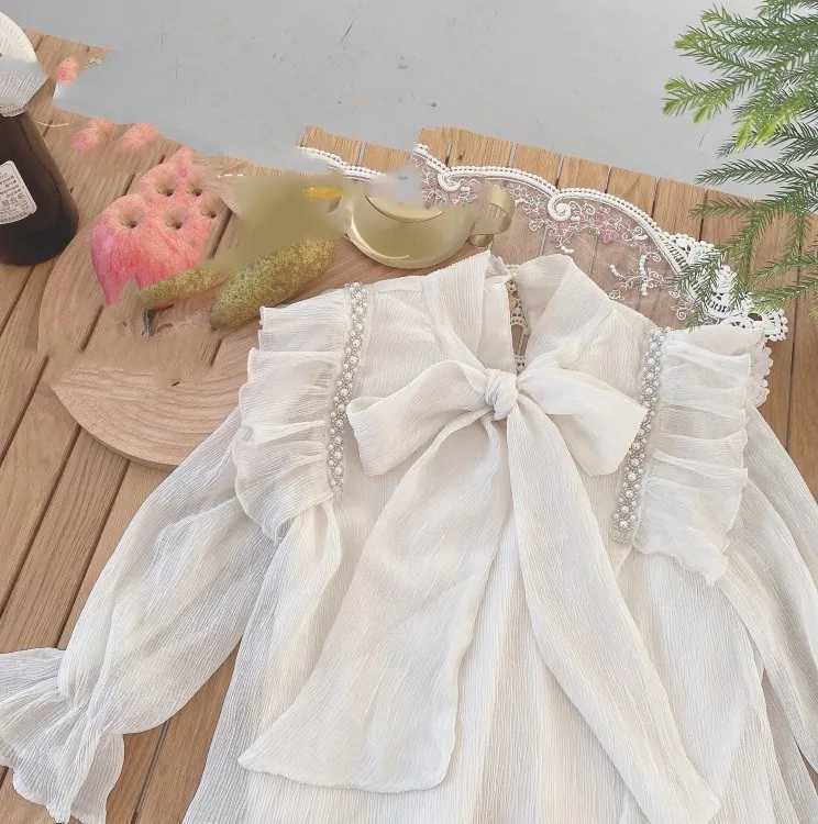 Autumn Girls Shirt Ladies Style Beaded Tie Bow Tops Pressurized Wrinkle Stitching Flared Sleeve Spring Girls Fashion Kids Outfit Y240906