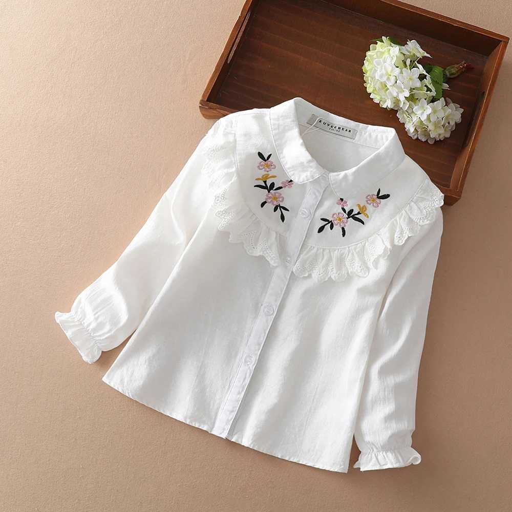 Girls Blouses 100% Cotton White Long Sleeve Autumn Kids Clothes for 8 10 12 Years Embroidery Tops Girls School Shirts Y240906