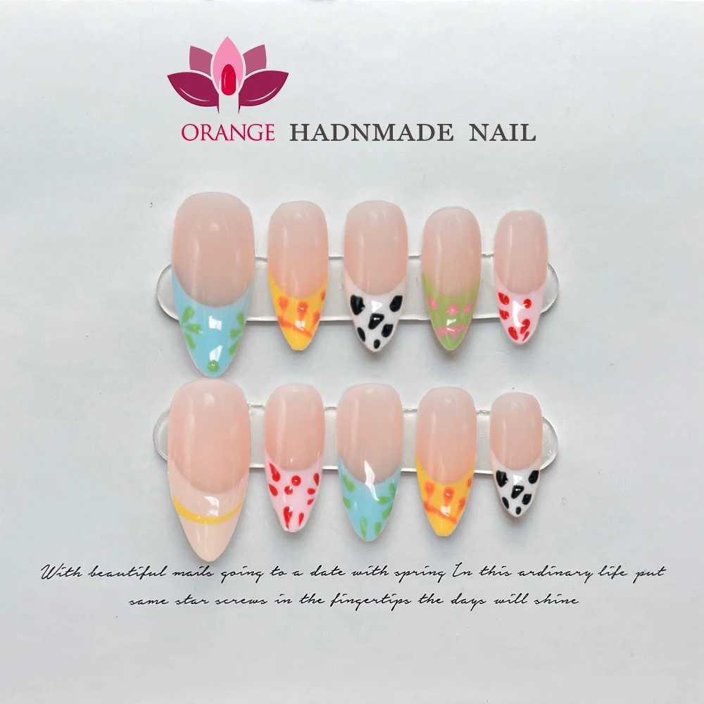 Handmade almond pressed on nails reusable French colored fake nails fully covered artificial ergonomics wearable orange nail store W240905