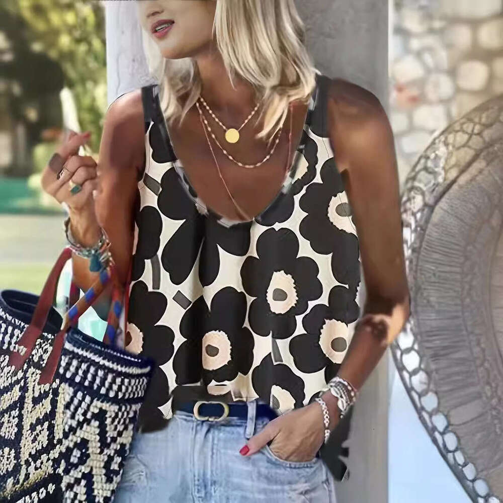 New plus size women's clothing for spring and summer 2024, elegant, casual, fashionable, loose printed sleeveless vest top