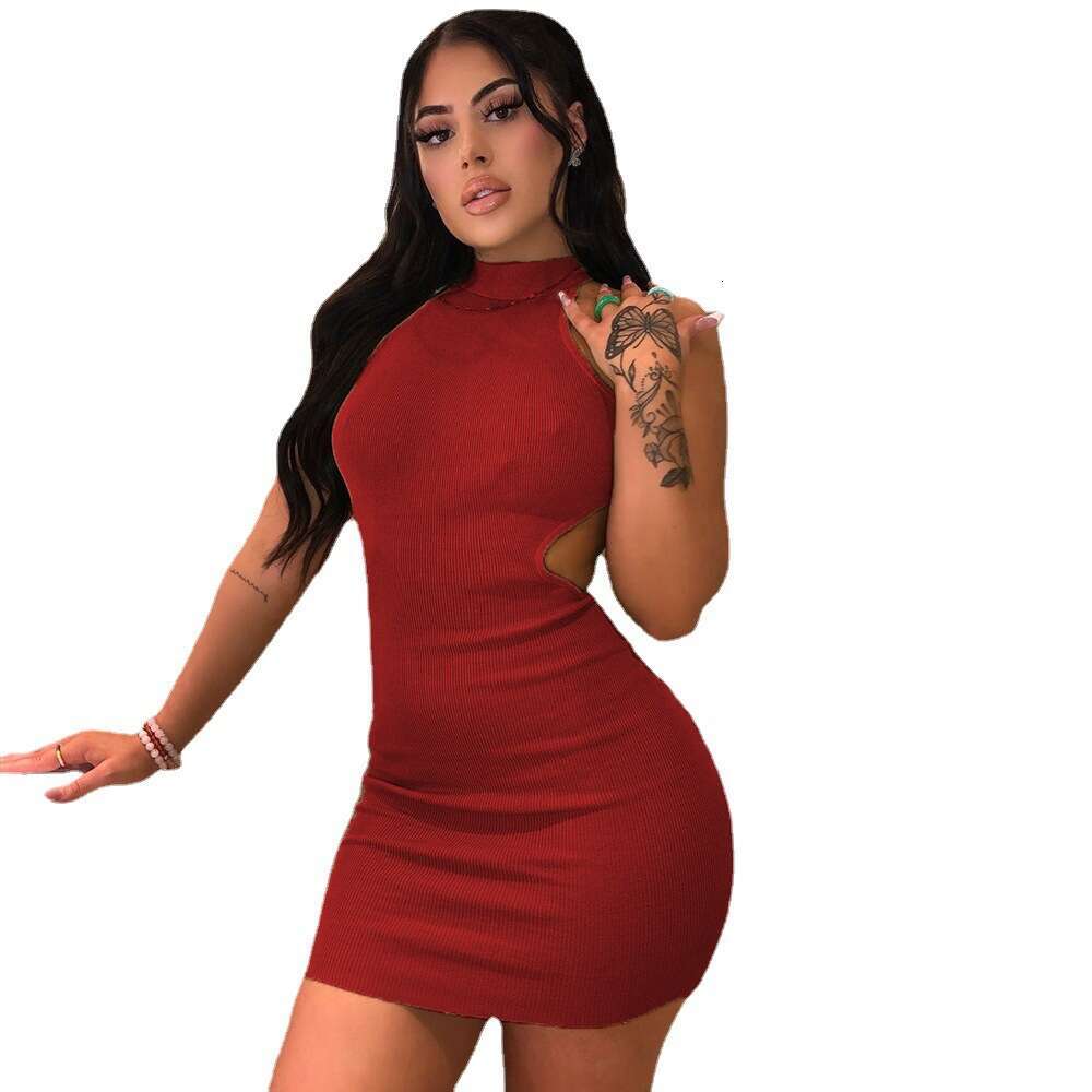2023 Spring/Summer Autumn/Winter Women's New High Neck Hollow Wrapped Chest, Exposed Back, Middle Waist Bag, Hip Sexy Dress