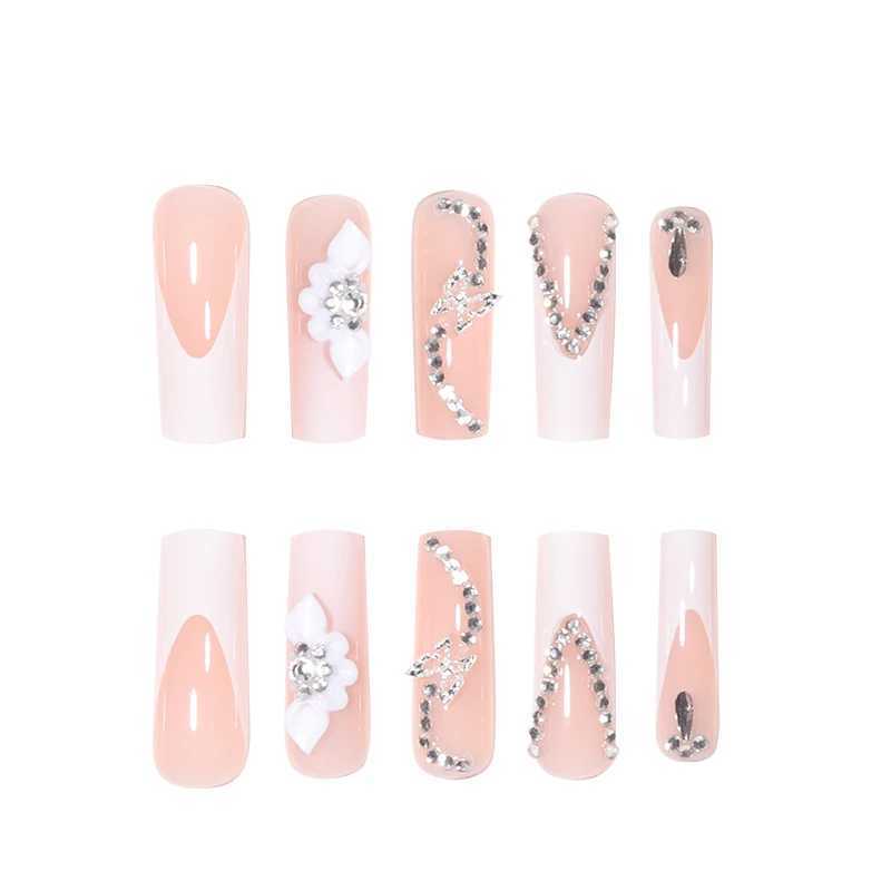 24 long coffees with French patterns flowers butterfly dots sparkling fake diamonds 1 nail file and 1 piece of jelly glue W240905