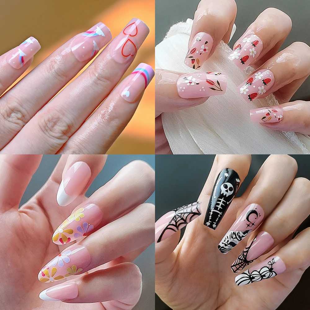 96 Halloween items pressed on almond and coffin blood red nails with skeleton fake nail design and fully covered artificial fake nails W240905