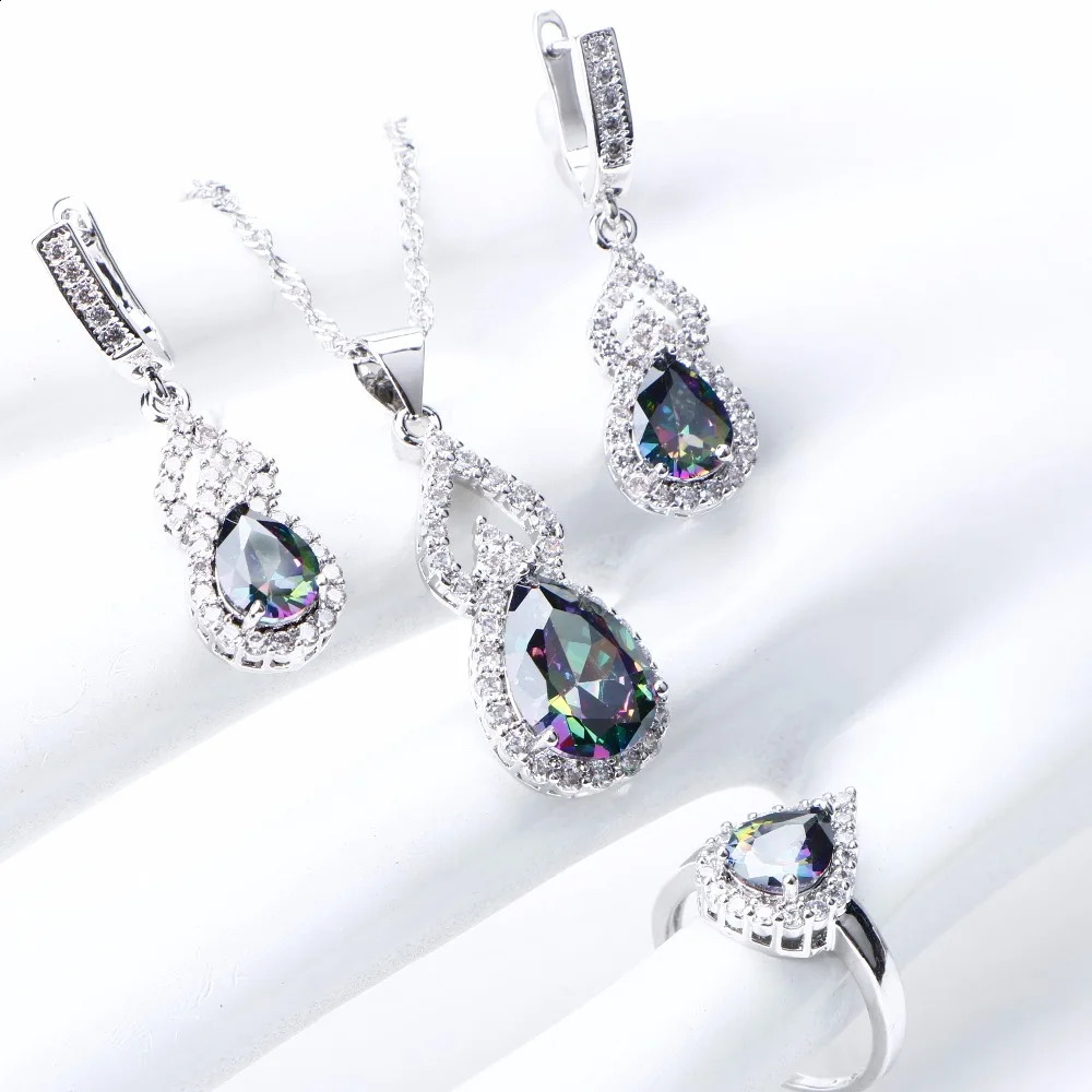 Natural Rainbow Jewelry Set 925 Pure Silver Stone Womens Wedding Earrings Bracelet Ring Set Gift Box 240906