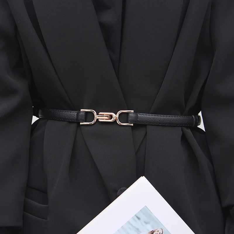 Adjustable PU leather womens dress with thin waist belt and gold buckle for women W240905