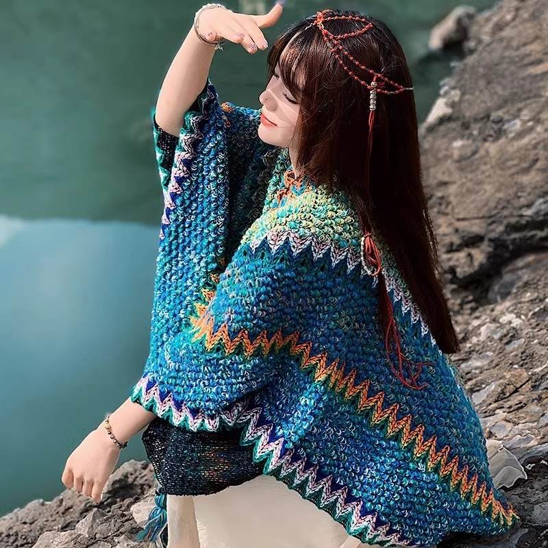 Woolen shawl, Xu Hongdou, same style Bohemian multi-color patchwork outer cloak, travel warm jacket