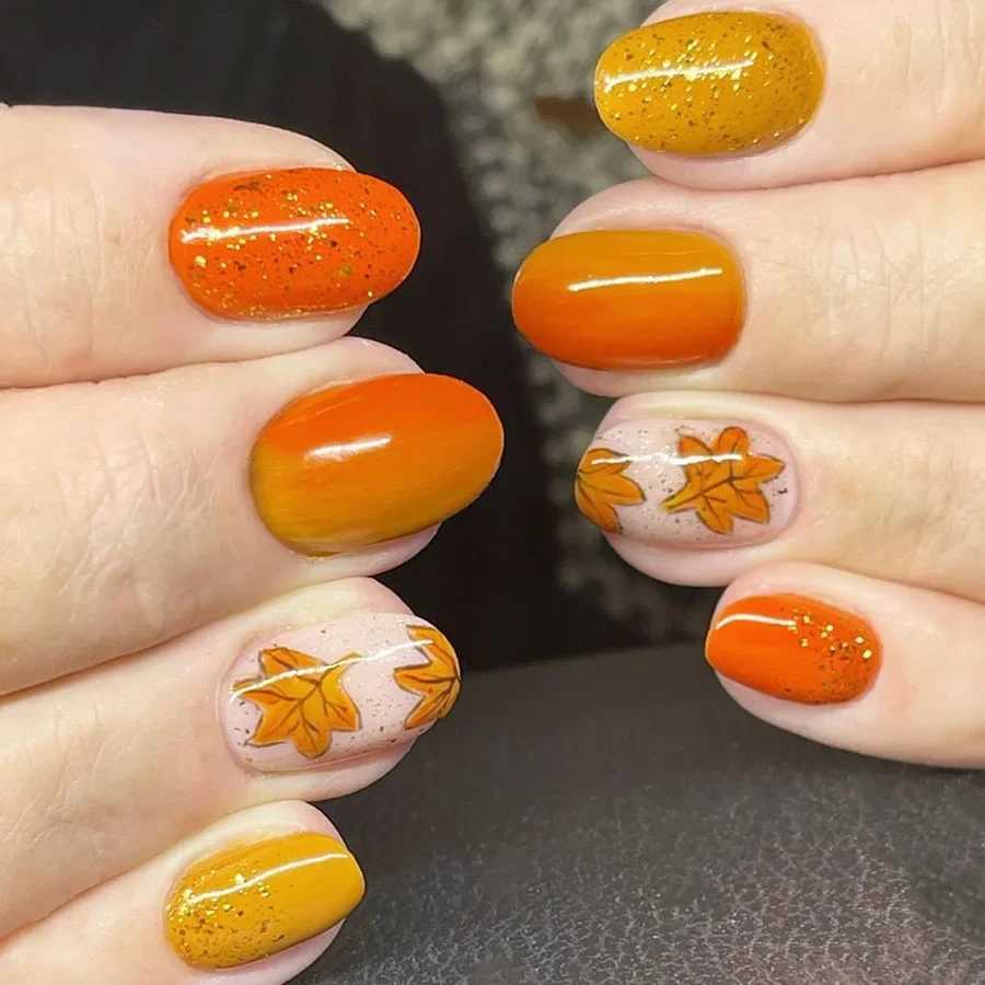 24 pieces/set of short section smooth oval cross nails autumn and winter orange maple leaf flash detachable worn fake nails W240905