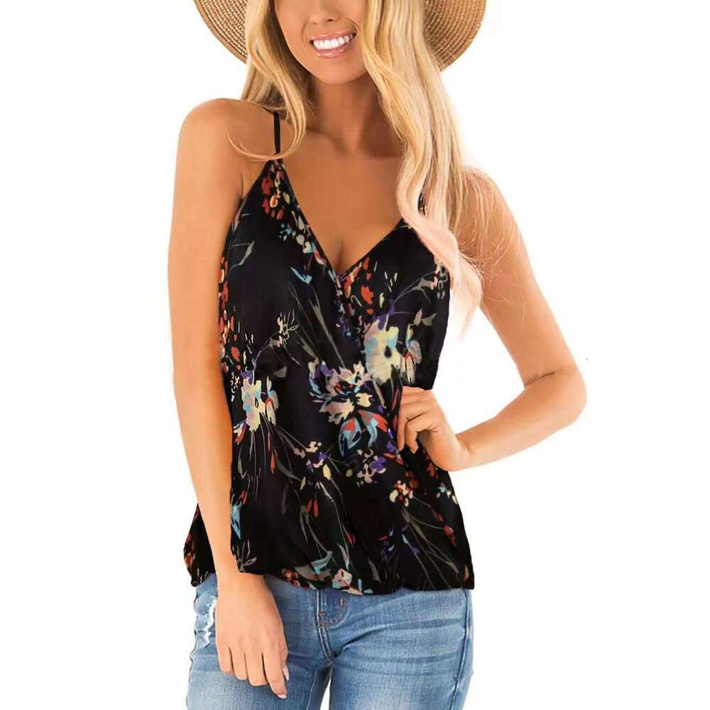 2024 Summer New Women's Small Vest V-neck Printed Folded Sleeveless Top for Women