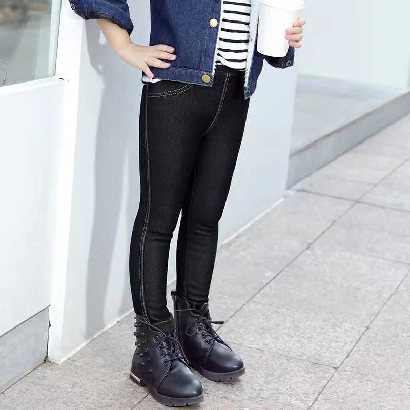 Girls Winter Cowboy Denim Long Pants Kids Thicken Warm Bootcuts Skinny Thick Leggings With Fleece Elastic Waist Trousers Y240906
