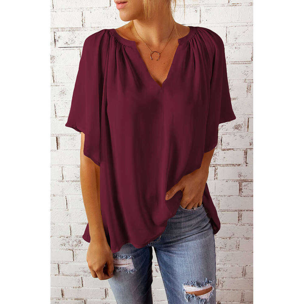 Spring/Summer New Loose Quarter Sleeve T-shirt Women's V-neck Pullover Top