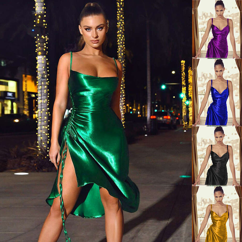 2023 summer satin side slit camisole dress with sexy and fashionable temperament, slim fit mid length skirt