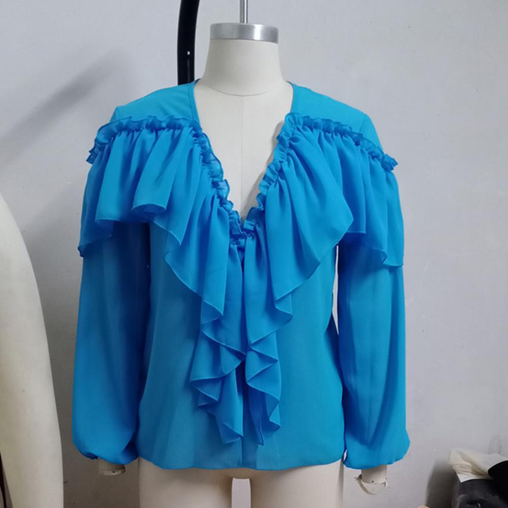 Solid Color V-neck Long Sleeve Loose Top Chiffon Shirt Ruffle Collar Sweet Pullover Blouse Streetwear Women Clothes