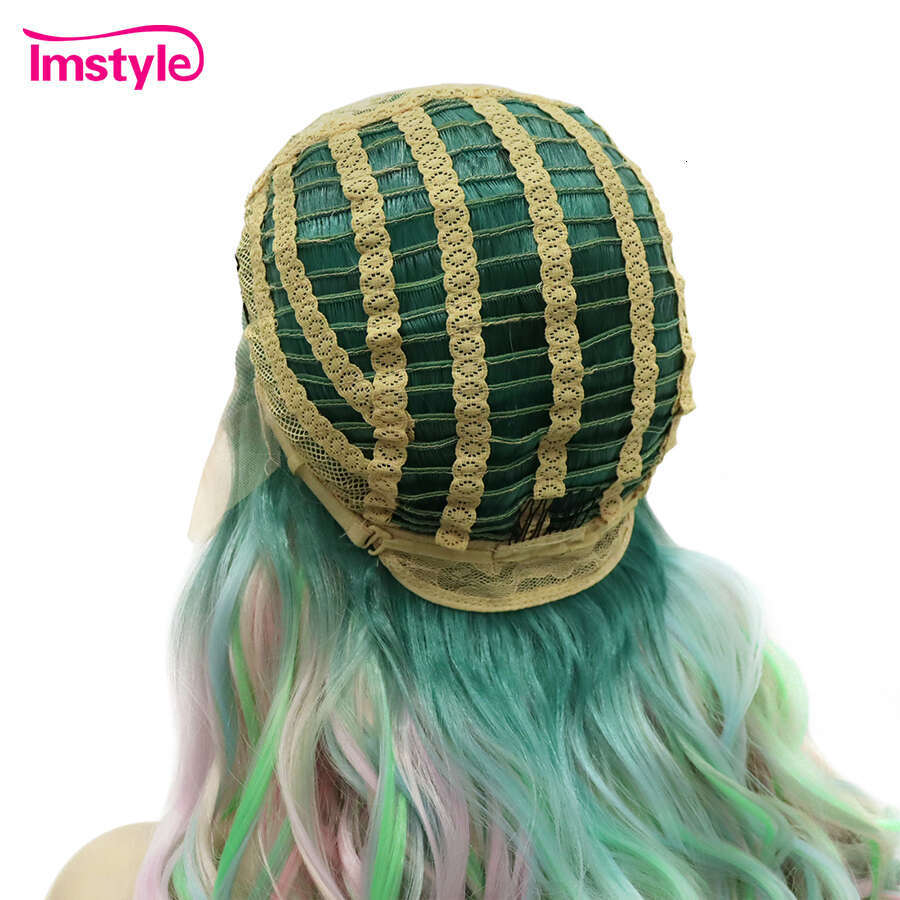 Imstyle Colorful Synthetic Lace Front Multicolor Long Wigs Natural Wavy Heat Resistant Green Pink Cosplay Wig For Women