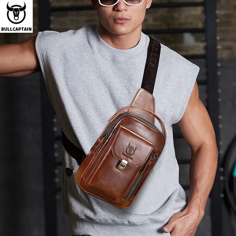 Bullcaptain Mens Genuine Leather Luggage Retro 79inch Mobile Phone Bag Multi functional Anti theft Cross body 240906