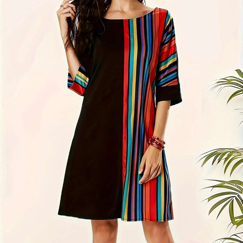 New Rainbow A-line Loose Dress for Spring and Summer 2024 Women's Wear, Half Sleeve