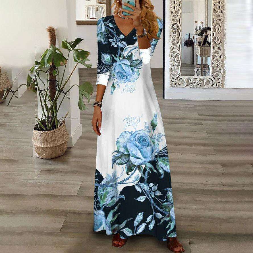 2023 Women's New Fashion Positioning Print V-Neck Button Long Sleeve Dress