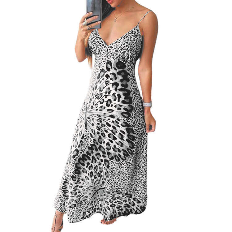 2023 New Women's Strap Leopard Pattern Butterfly Print V-Neck Sleeveless Bottom Dress