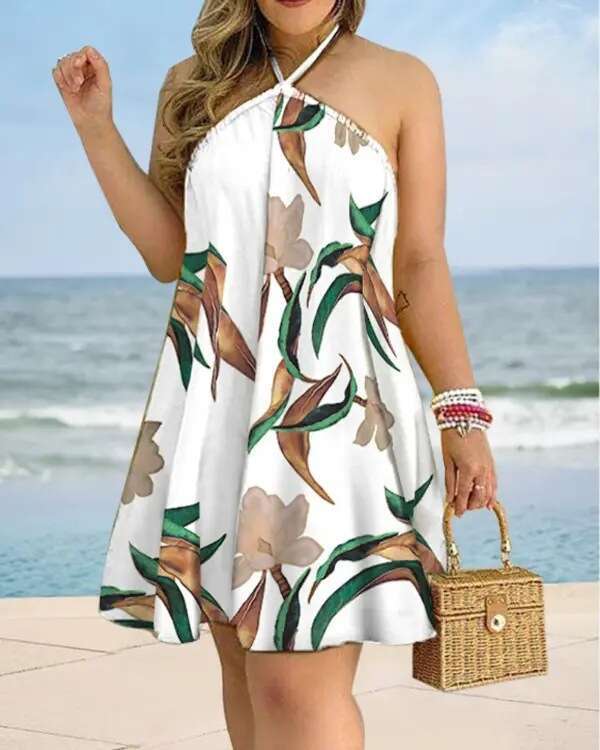 2024 Summer Printed Off Shoulder Neck Lace Loose Women's Dress for Women