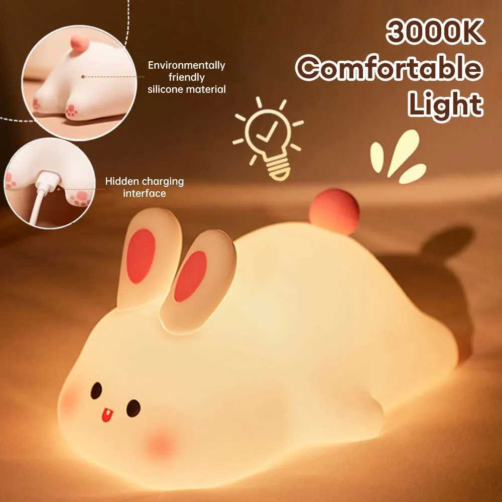 LED Cute Rabbit Silicone Light USB Charging Timer Bedside Decorative Light 3-level Dimmable Breast Feeding Kindergarten Night Light W240816