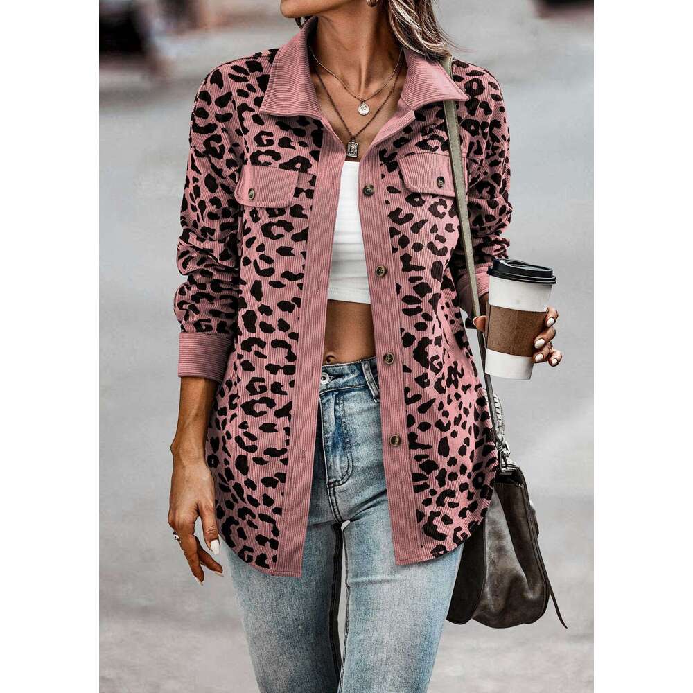 Women's autumn and winter fashion leopard print button up long sleeved jacket for women