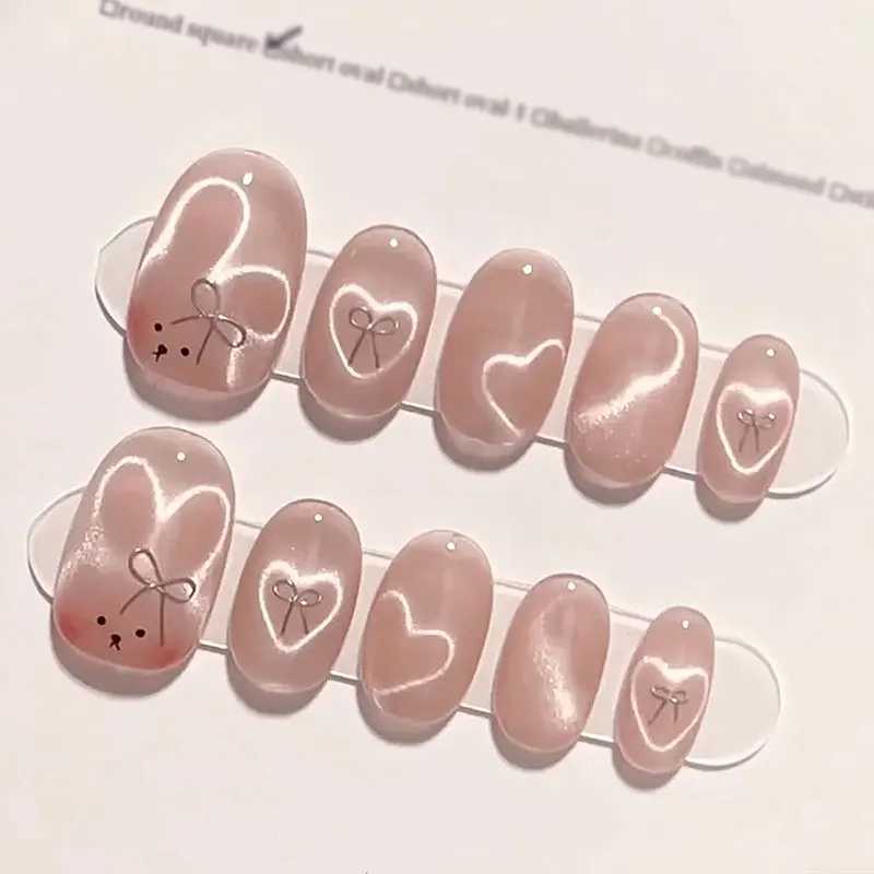 24 pieces/box wearable cute girl sweet cats eye bow short powder blusher hand made false nails W240905