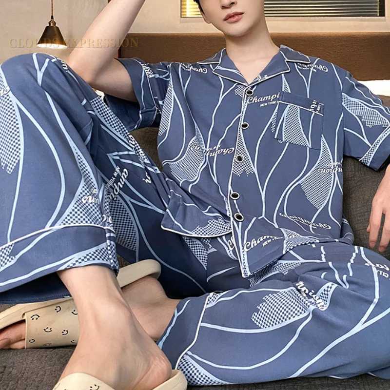 Summer Knitted Plaid Mens Pyjamas Plus 4XL Pajama Sets Casual Pjs Lounge Masculine Sleepwear Nightwear Pijamas Homewear Fashion Y240906