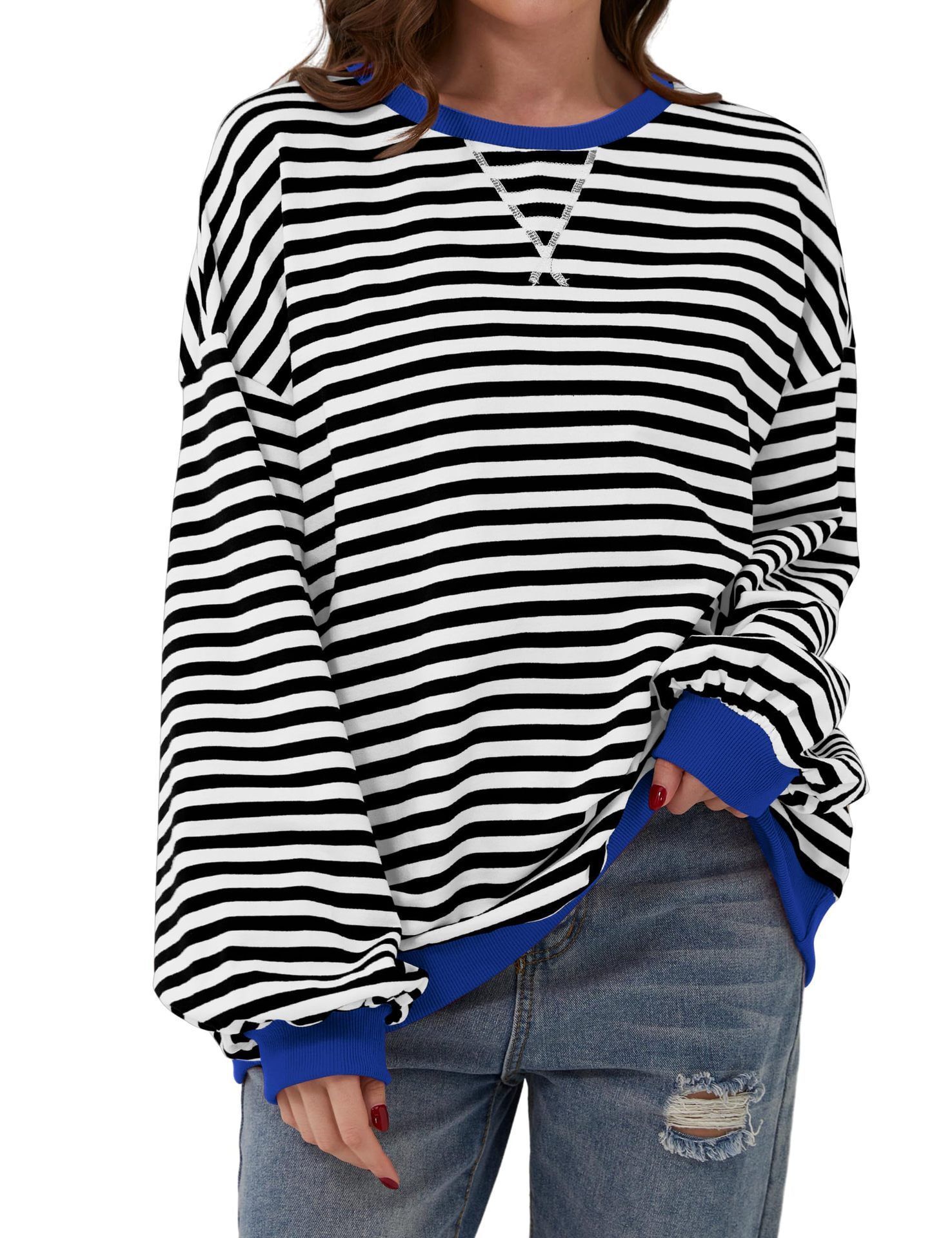 designer tshirt 2024 spring simple home cross border leisure new striped pattern round neck trendy long sleeve hooded color blocked tshirt