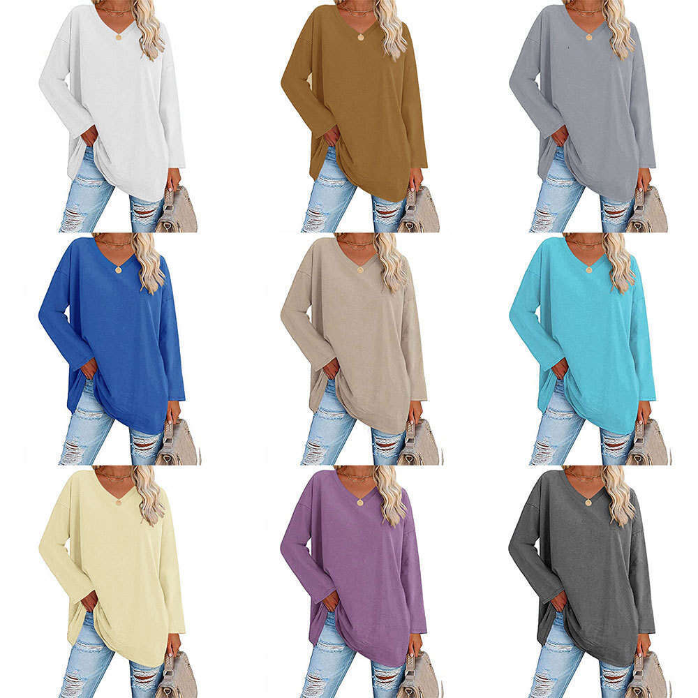 Extra large t-shirt 2022 new multi-color loose shoulder sleeves V-neck solid color womens top