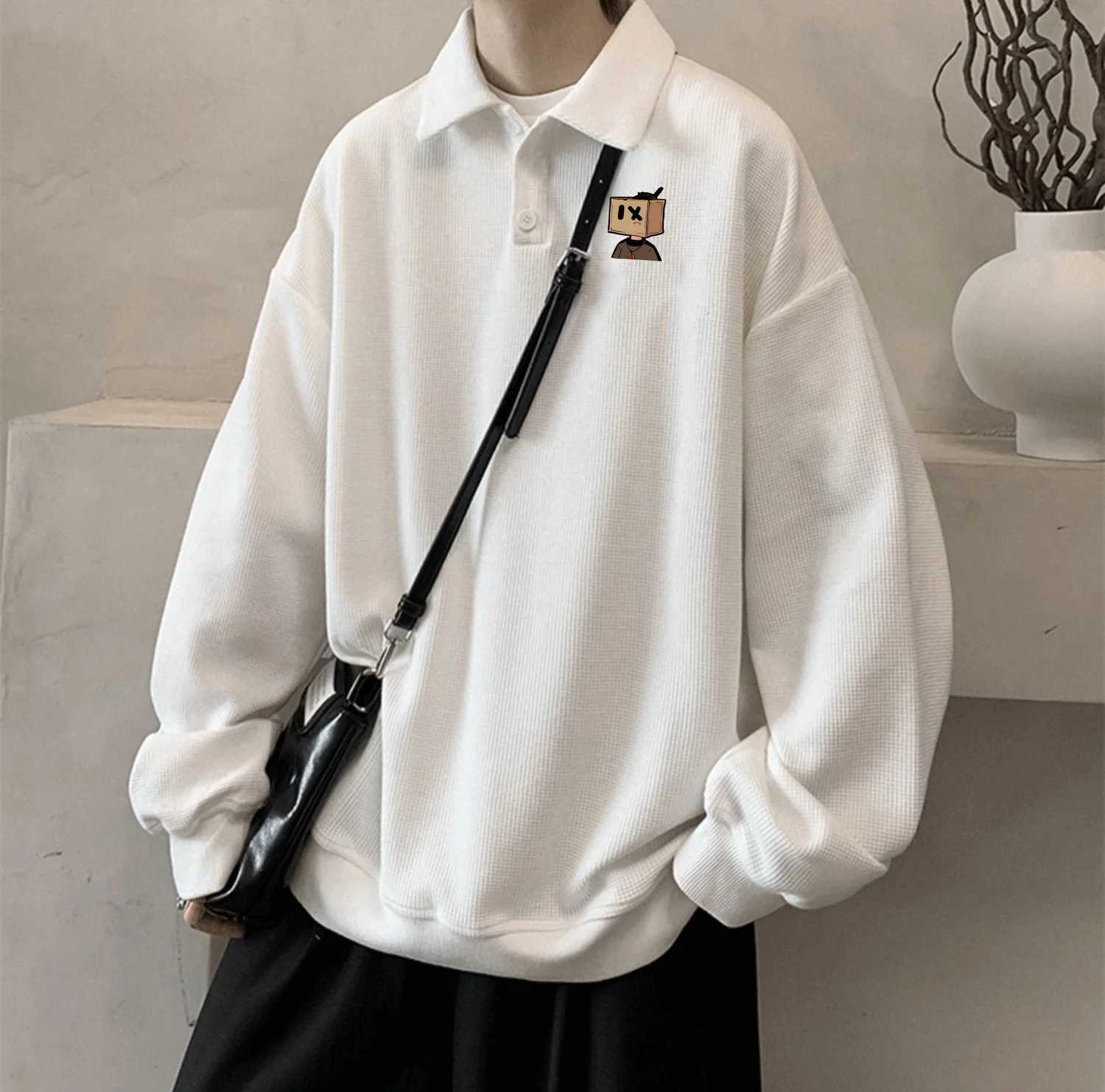 American Retro Pullover Collared Sweatshirt Men Spring Autumn Loose Fitting Ins Trendy Gray Minimalist Long Sleeved Polo ShirtXJ240906