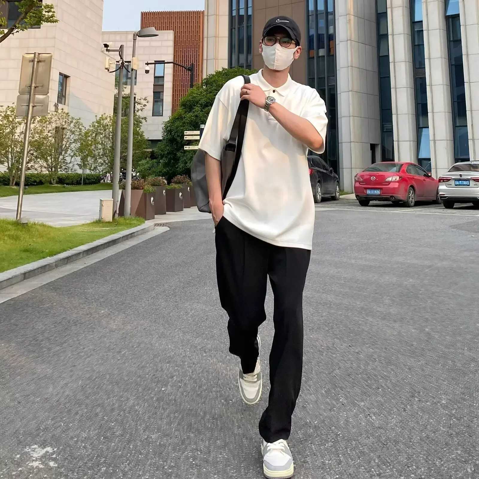 High-end Feel Blackish Green Polo Shirt Mens Loose Fit 300g Weighted Air Layer Underneath Long Sleeves Casual Summer T-shirtXJ240906