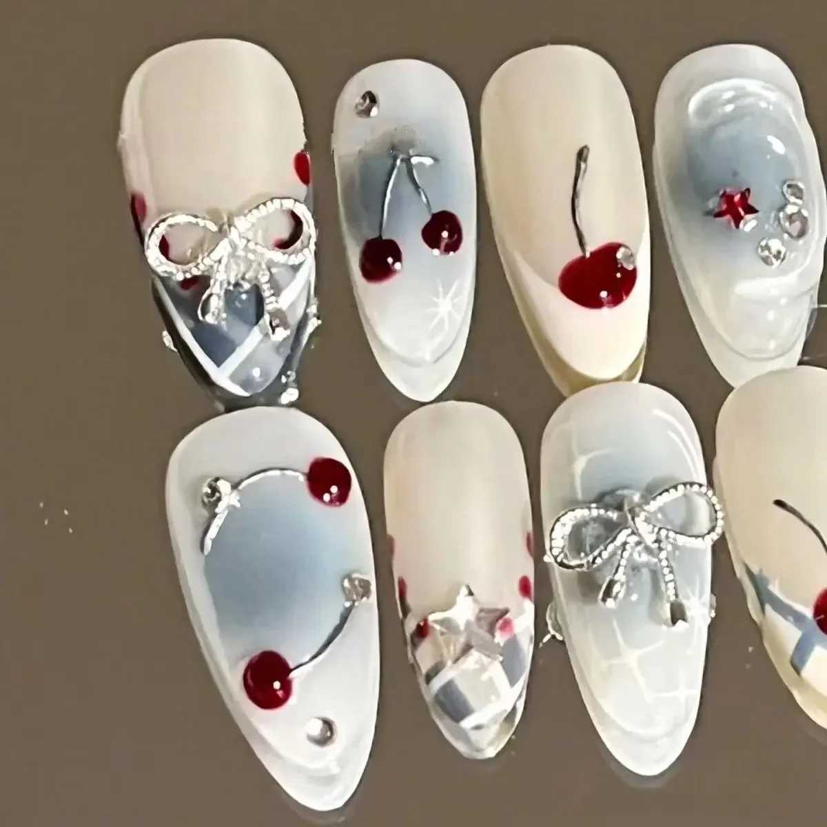 10 piece handmade press French almond fully covered cherry and bow design fake nails cute handmade suitable for women W240905