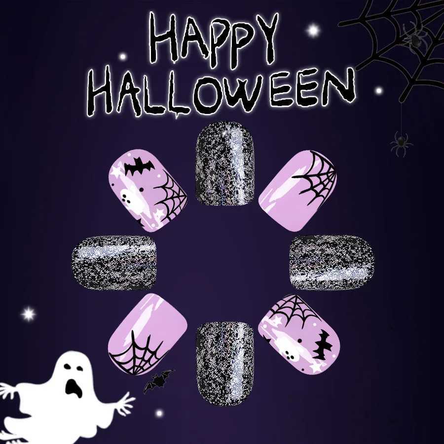 24 pieces of purple Halloween nail art set short square pressed nails with ghost bat spider web design fake nails for women and girls W240905