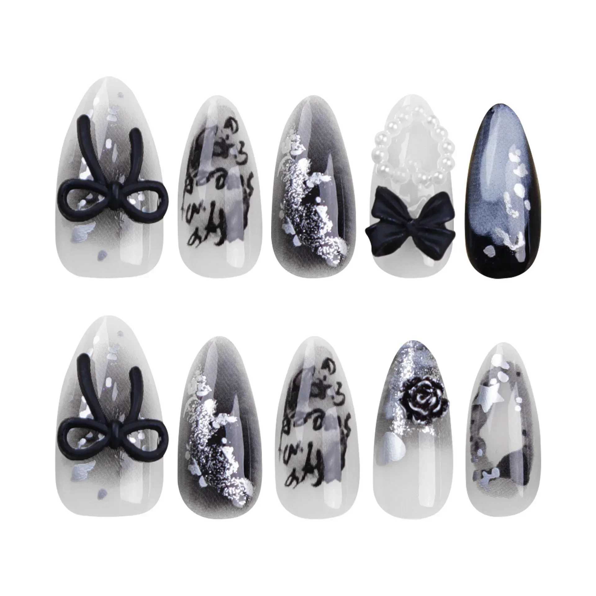 24 elegant black almond pressed nails pearl heart and bow accent smooth finish short and long detachable fake nails suitable for women W240905
