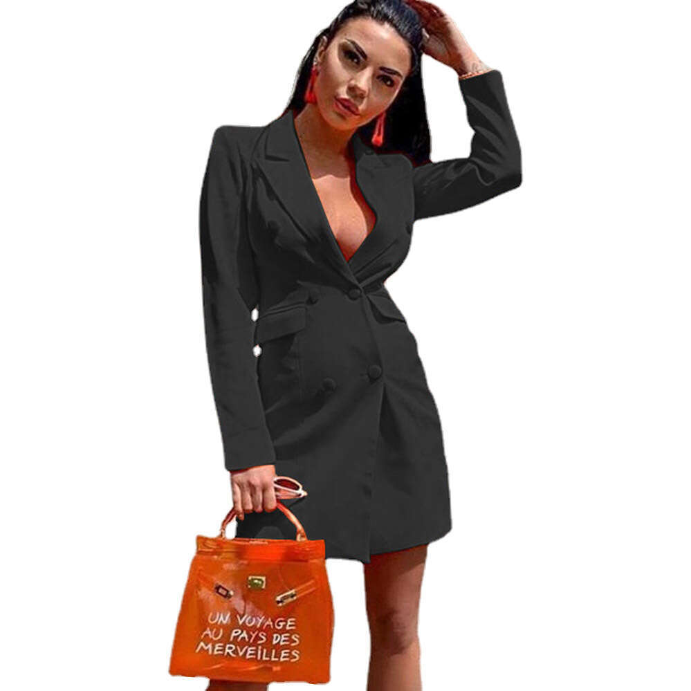 2024 New Women's Solid Color Slim Fit Suit Double breasted Button Long sleeved Flip Collar Coat Top