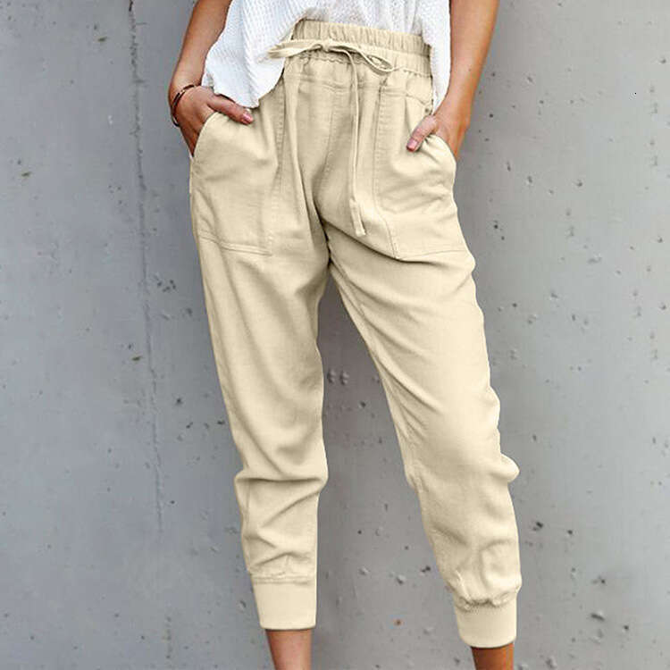 Summer New Cotton Hemp Solid Color Simple Lace up Casual for Women's Slim Fit and Slimming 9-inch Small Feet Pants