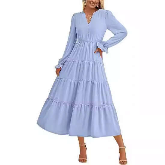 2024 autumn dress long sleeved V-neck layered ruffle hem flowing A-line cocktail party
