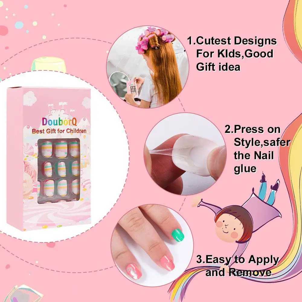 24pcs Childrens Fake Nail Cartoon Style Detachable Press Fake Nail Full Cover Press Stick Childrens Girl Nail Decoration W240905