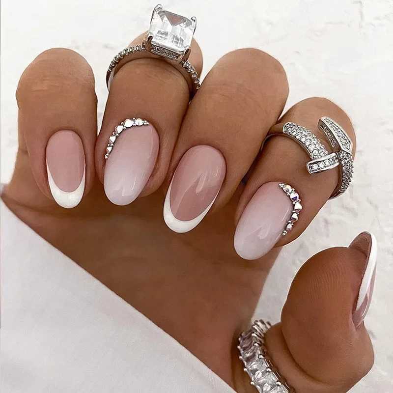 24pcs Simple White Gradient Fake Nail Tip with Almond Head Design Oval Wearable Fake Nail French Full Cover Pressing Nail W240905